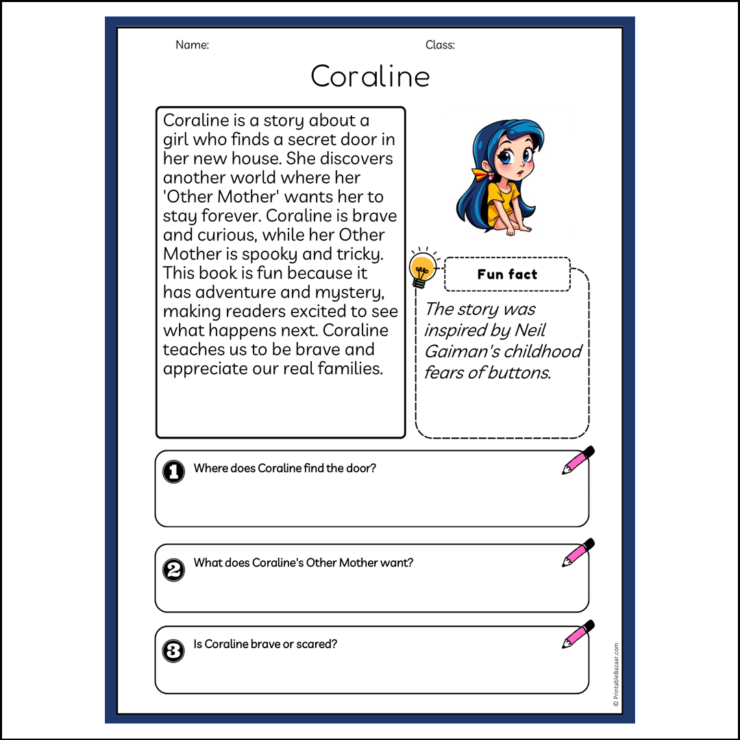 Coraline | Reading Passage Comprehension Questions Writing Facts Worksheet