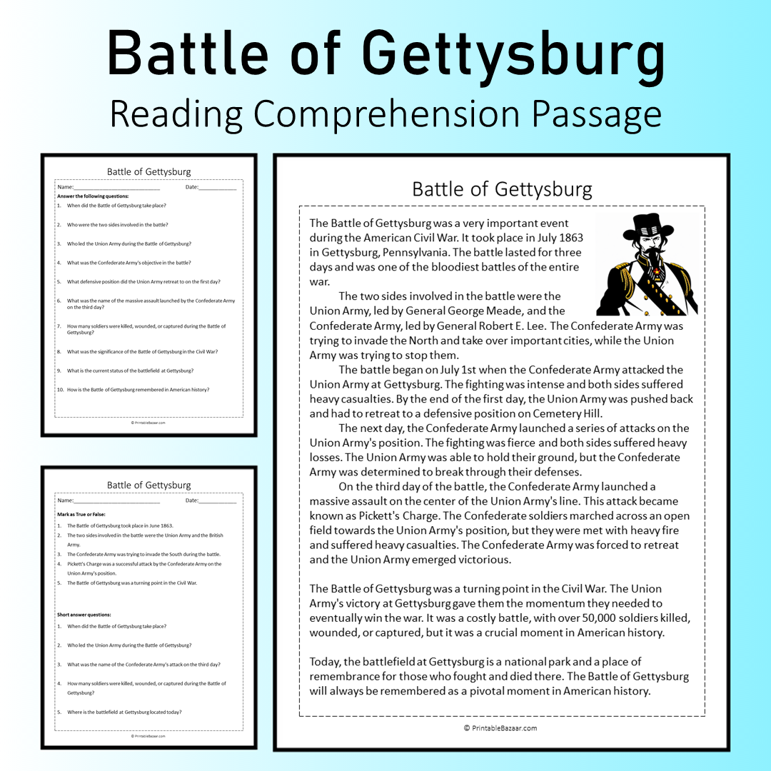 Battle of Gettysburg | Reading Comprehension Passage Printable Worksheet