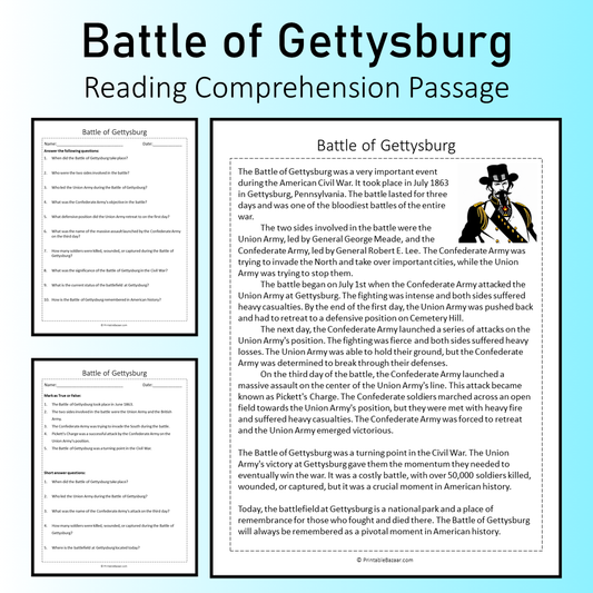Battle of Gettysburg | Reading Comprehension Passage Printable Worksheet
