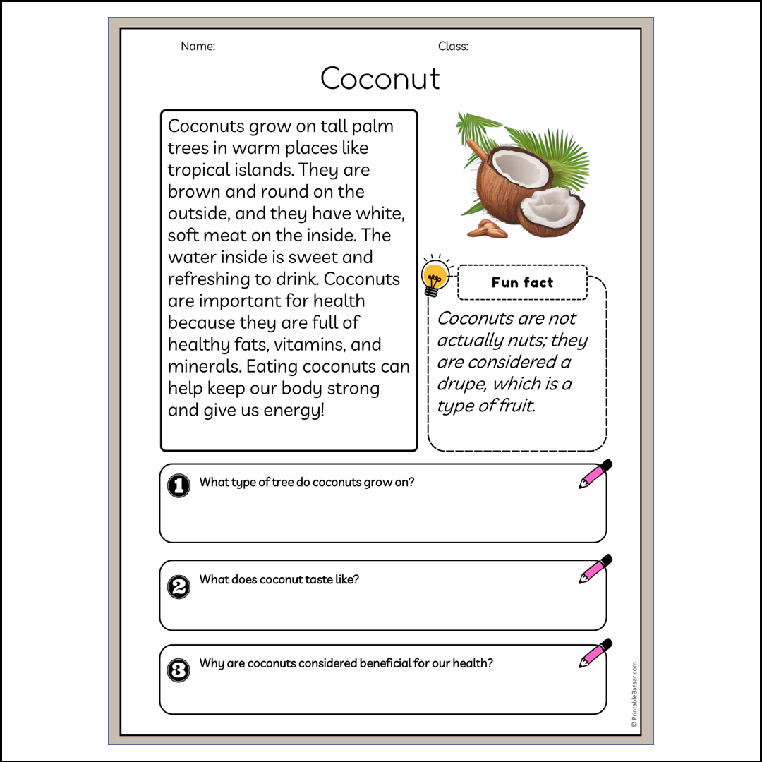 Coconut | Reading Passage Comprehension Questions Writing Facts Worksheet