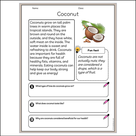 Coconut | Reading Passage Comprehension Questions Writing Facts Worksheet