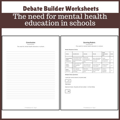 The need for mental health education in schools | Favour and Against Worksheet Printable Activity