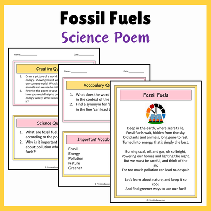 Fossil Fuels | Science Poem Reading Comprehension Activity