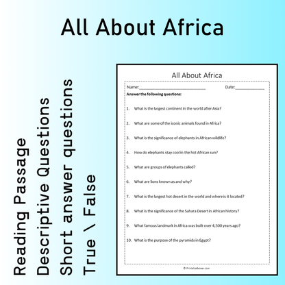 All About Africa | Reading Comprehension Passage Printable Worksheet