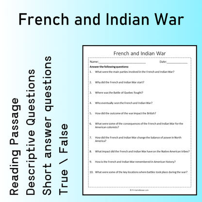 French and Indian War | Reading Comprehension Passage Printable Worksheet