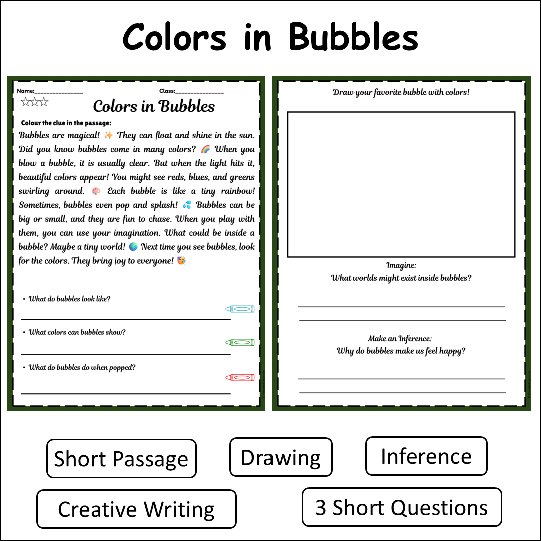 Colors in Bubbles | Short Reading Comprehension Creative Worksheet