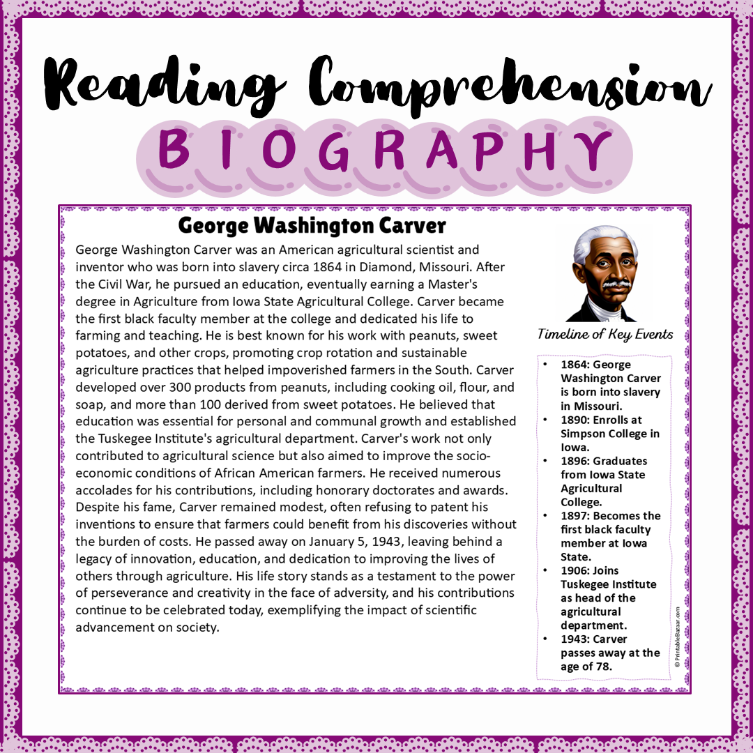 George Washington Carver | Biography Reading Comprehension and Questions Worksheet