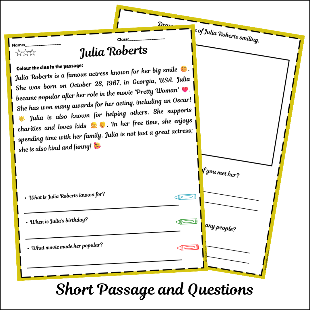Julia Roberts | Short Reading Comprehension Creative Worksheet