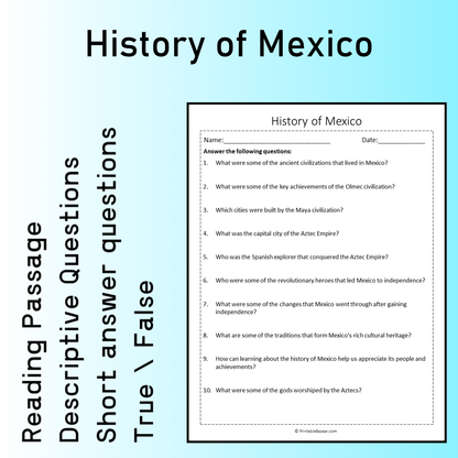 History of Mexico | Reading Comprehension Passage Printable Worksheet