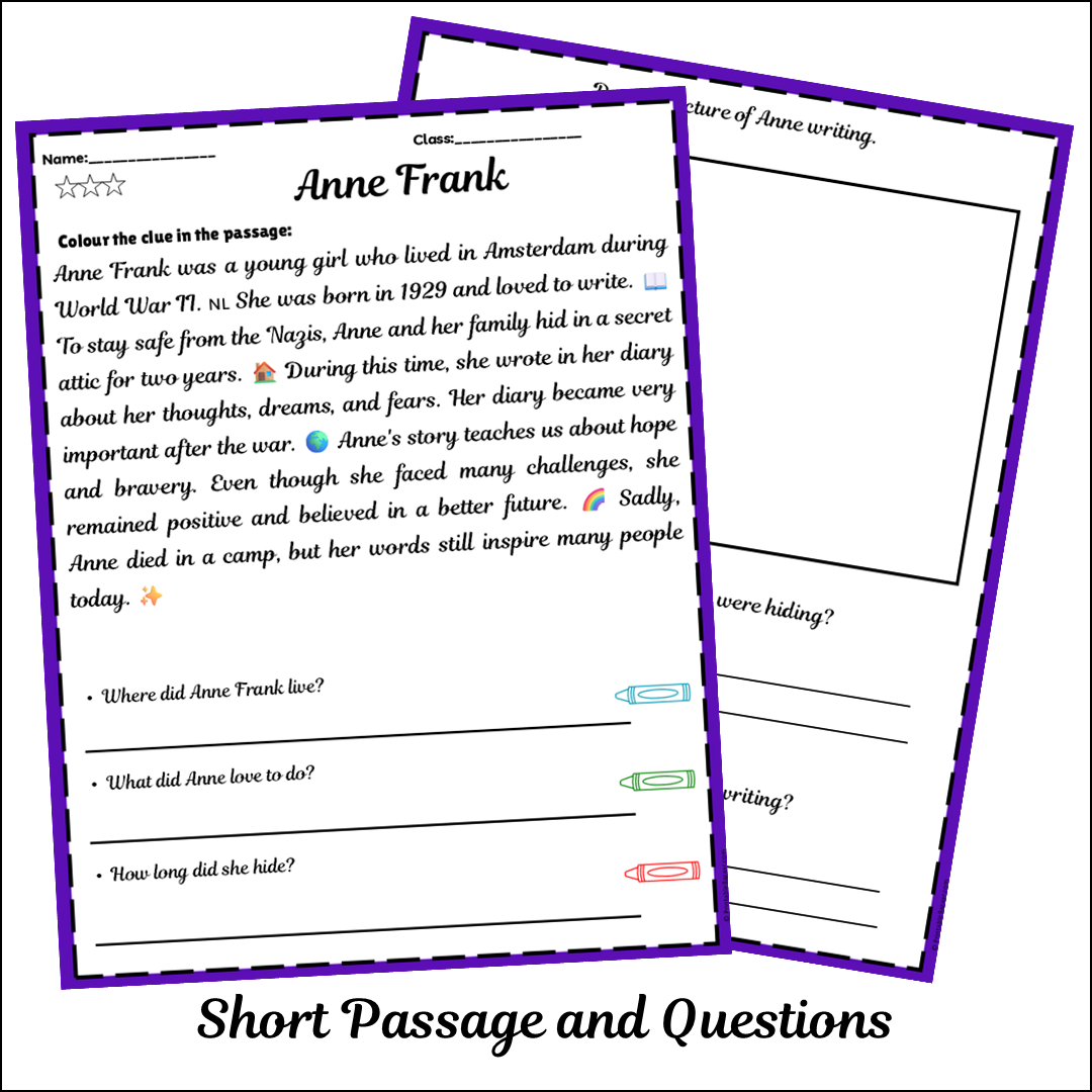 Anne Frank | Short Reading Comprehension Creative Worksheet