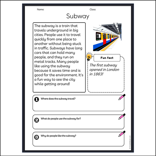 Subway | Reading Passage Comprehension Questions Writing Facts Worksheet