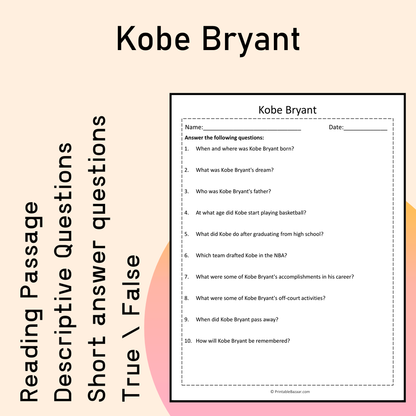 Kobe Bryant | Reading Comprehension Passage Printable Activity