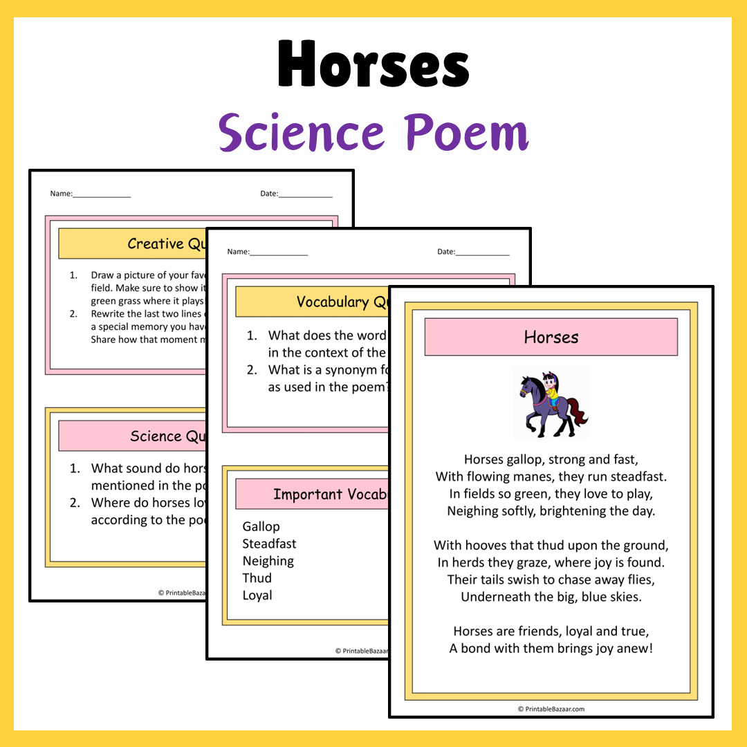 Horses | Science Poem Reading Comprehension Activity