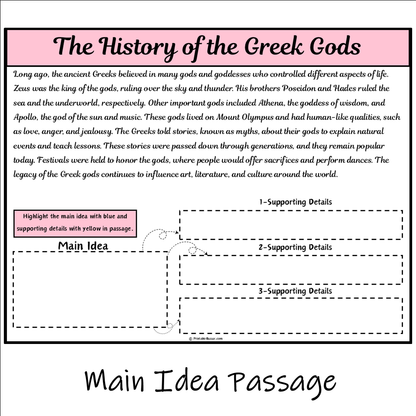 The History of the Greek Gods | Main Idea and Supporting Details Reading Passage and Questions