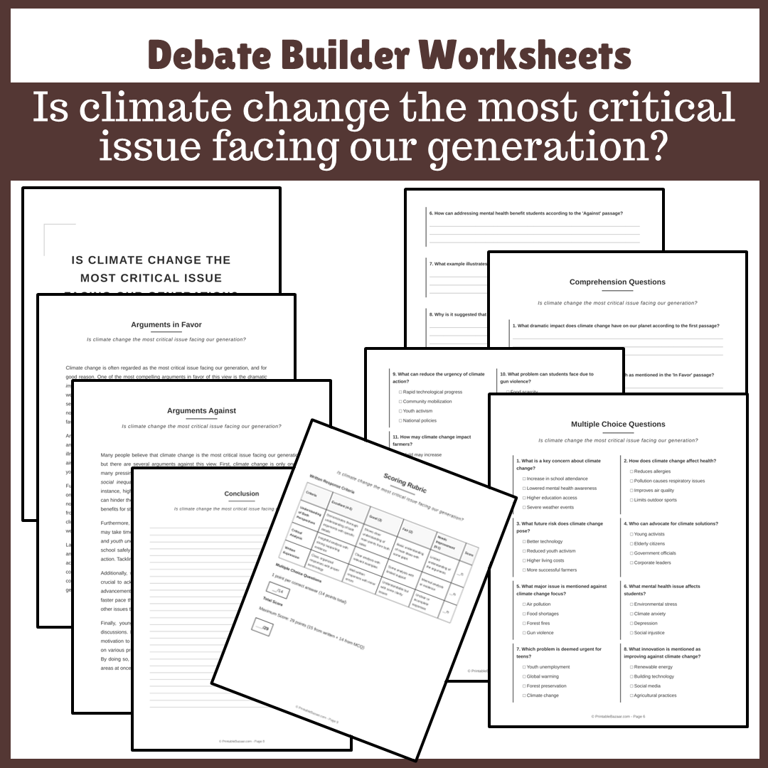 Is climate change the most critical issue facing our generation? | Favour and Against Worksheet Printable Activity