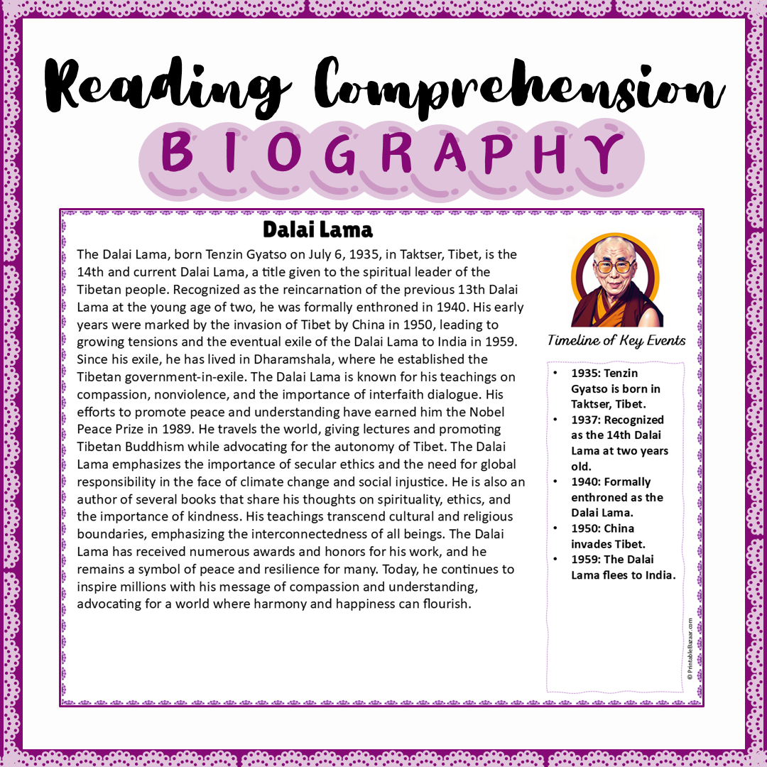 Dalai Lama | Biography Reading Comprehension and Questions Worksheet