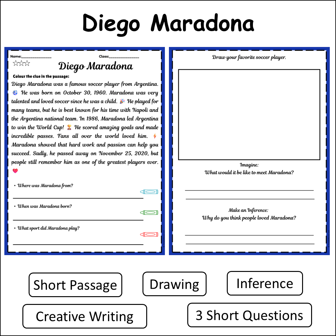 Diego Maradona | Short Reading Comprehension Creative Worksheet