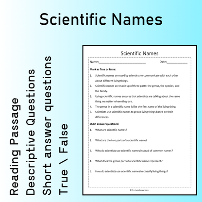 Scientific Names | Reading Comprehension Passage Printable Worksheet