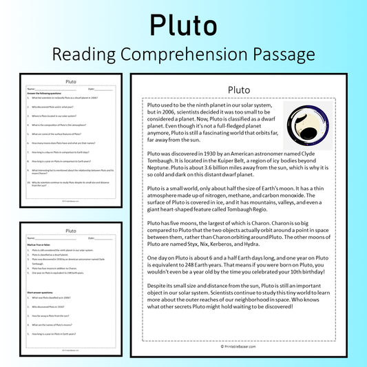 Pluto | Reading Comprehension Passage Printable Worksheet