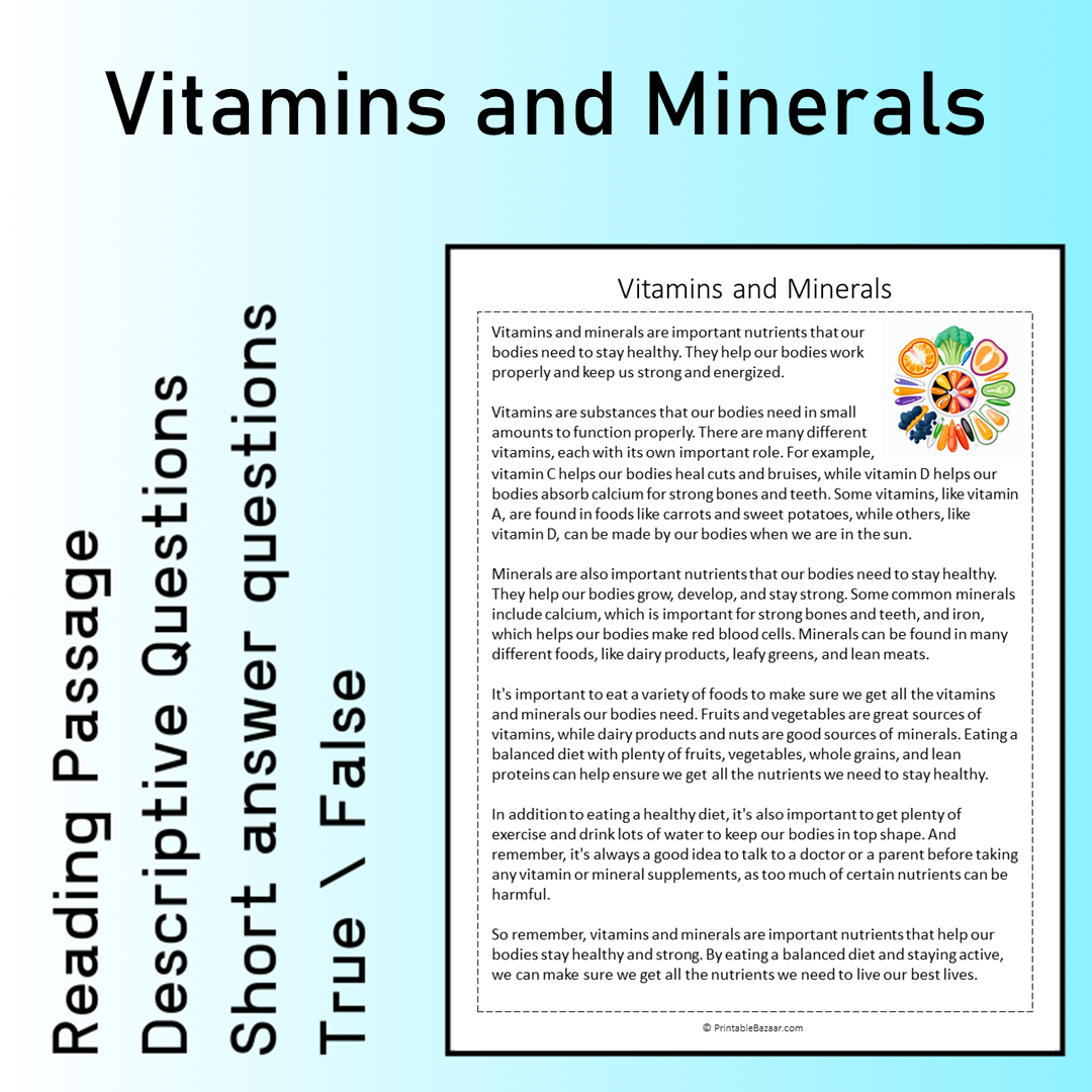 Vitamins and Minerals | Reading Comprehension Passage Printable Worksheet