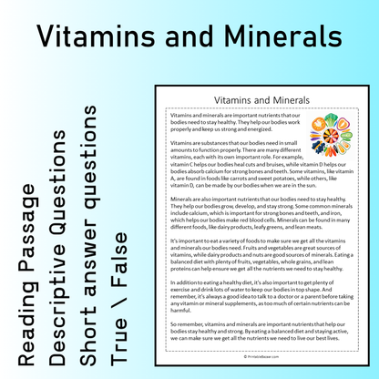 Vitamins and Minerals | Reading Comprehension Passage Printable Worksheet