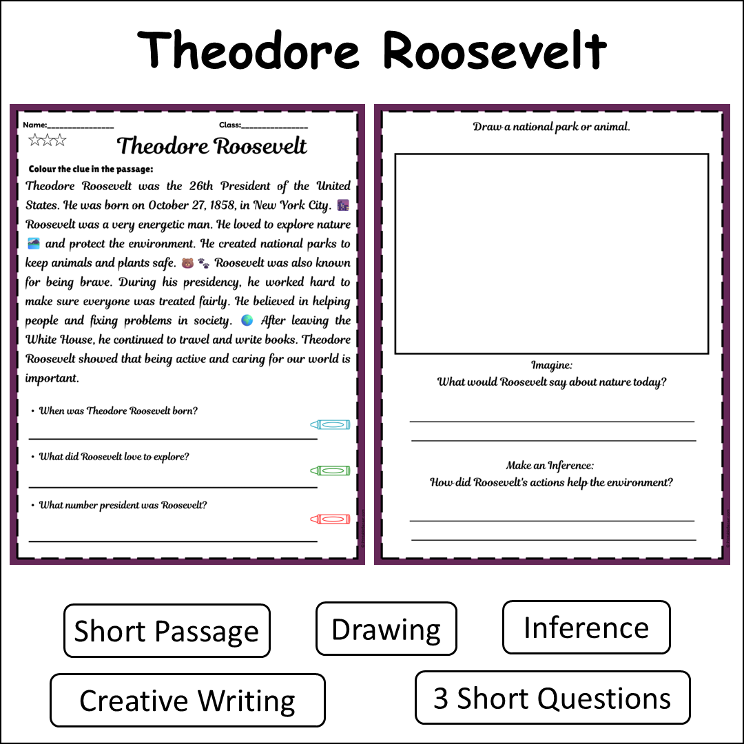 Theodore Roosevelt | Short Reading Comprehension Creative Worksheet