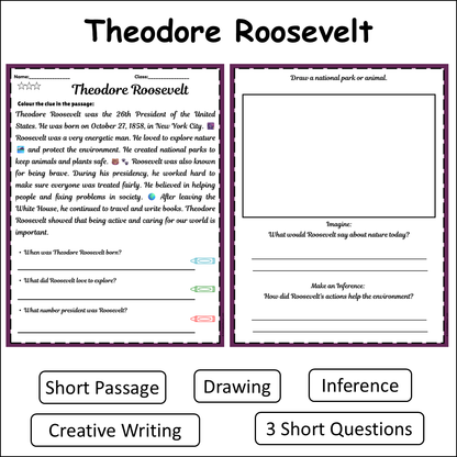 Theodore Roosevelt | Short Reading Comprehension Creative Worksheet