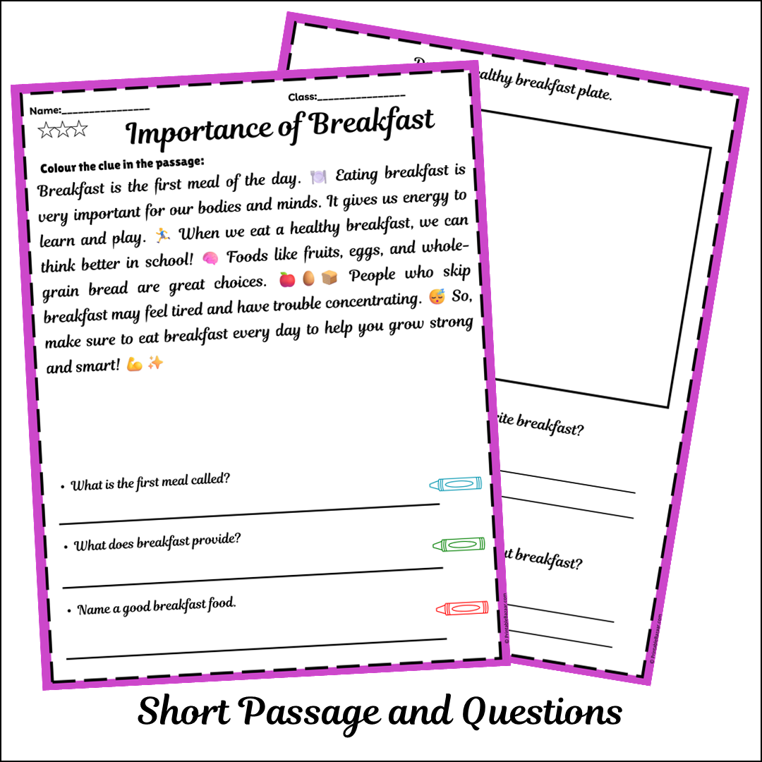 Importance of Breakfast | Short Reading Comprehension Creative Worksheet