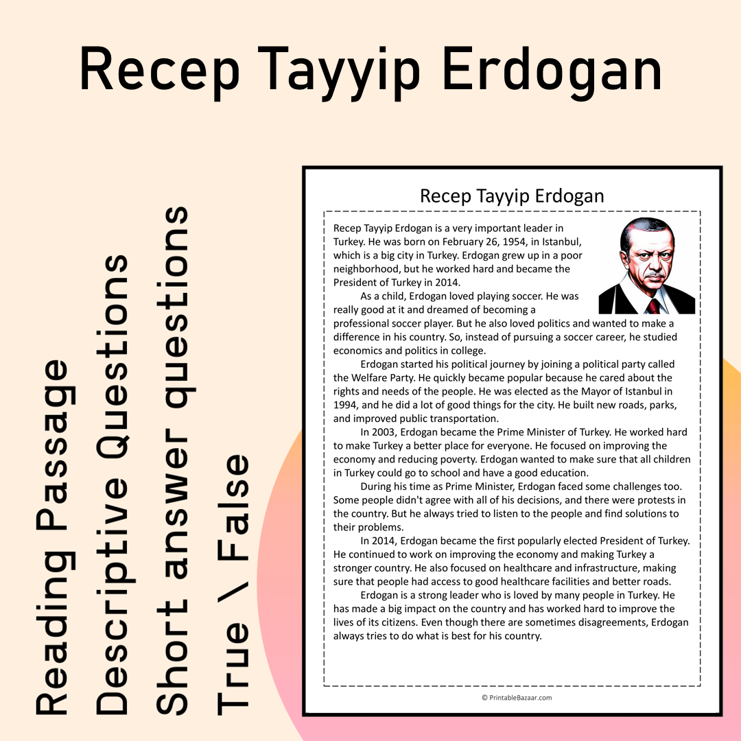 Recep Tayyip Erdogan | Reading Comprehension Passage Printable Activity