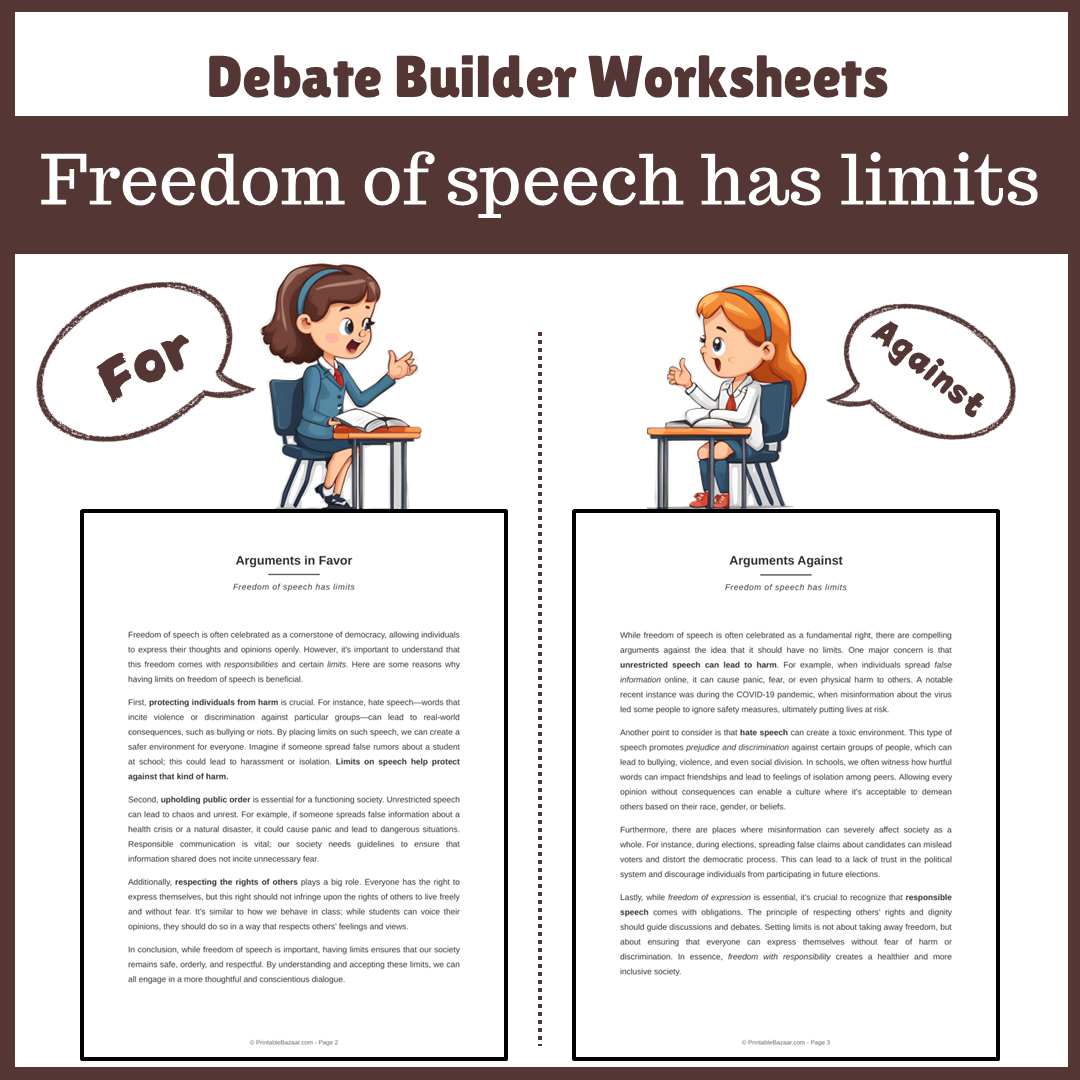 Freedom of speech has limits | Favour and Against Worksheet Printable Activity