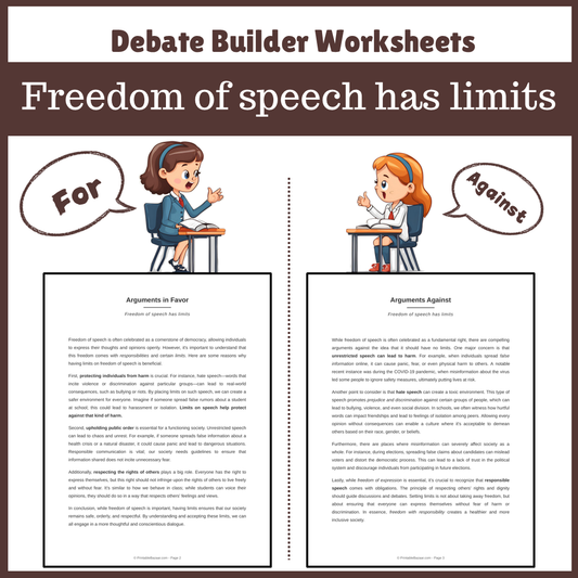 Freedom of speech has limits | Favour and Against Worksheet Printable Activity