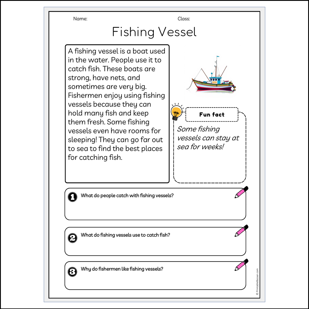 Fishing Vessel | Reading Passage Comprehension Questions Writing Facts Worksheet