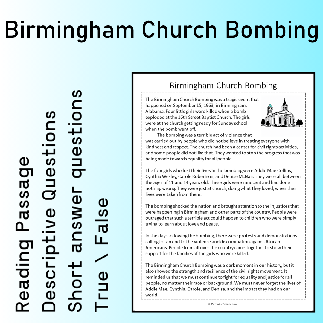 Birmingham Church Bombing | Reading Comprehension Passage Printable Worksheet