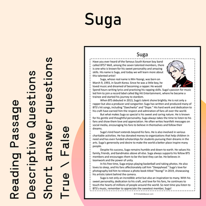Suga | Reading Comprehension Passage Printable Activity