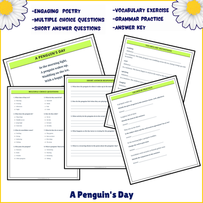 A Penguin's Day | Poem Grammar Worksheet Printable Activity