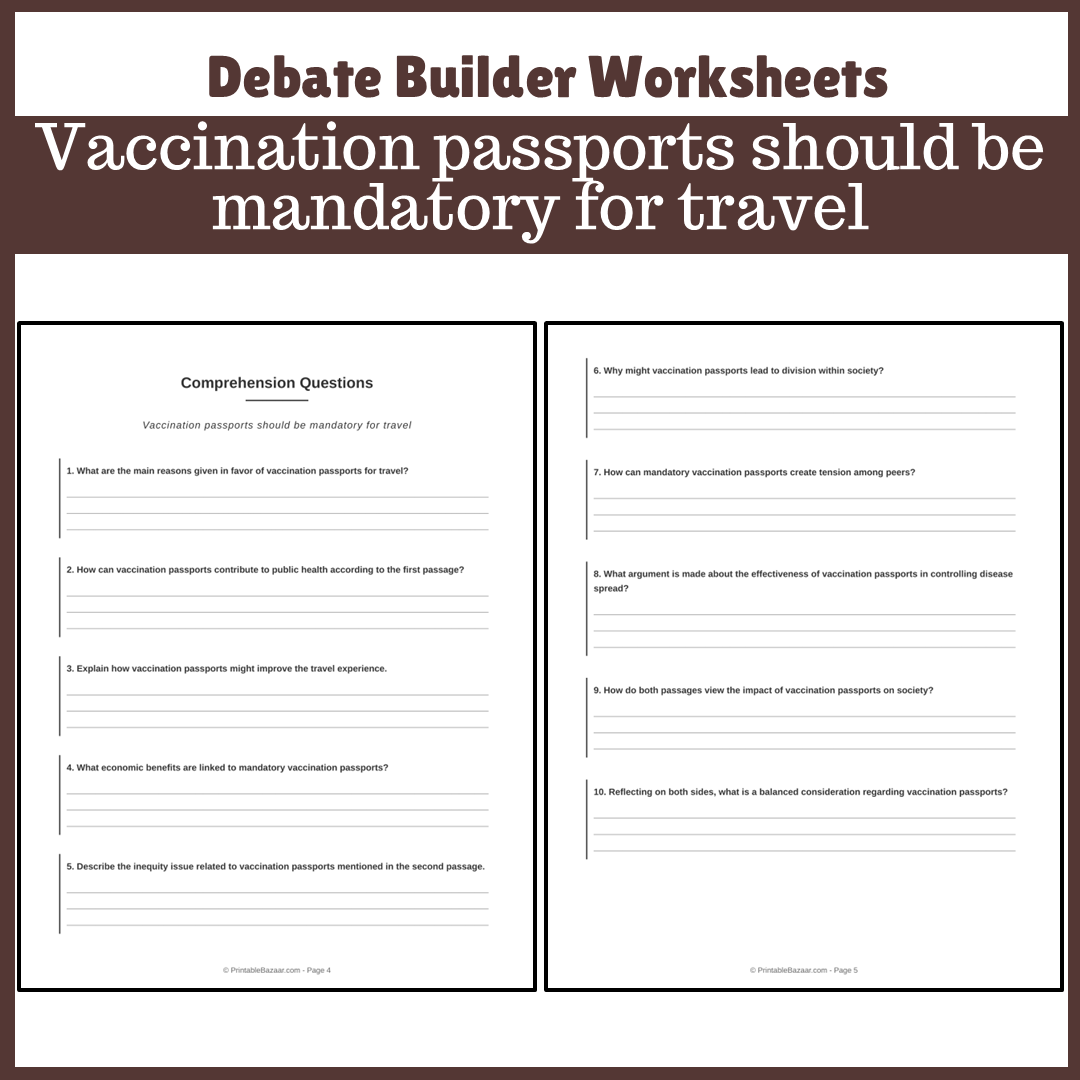 Vaccination passports should be mandatory for travel | Favour and Against Worksheet Printable Activity