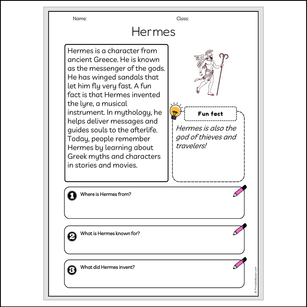 Hermes | Reading Passage Comprehension Questions Writing Facts Worksheet