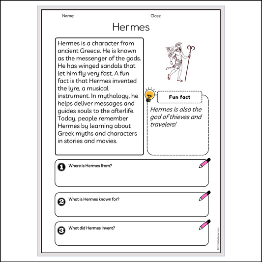 Hermes | Reading Passage Comprehension Questions Writing Facts Worksheet