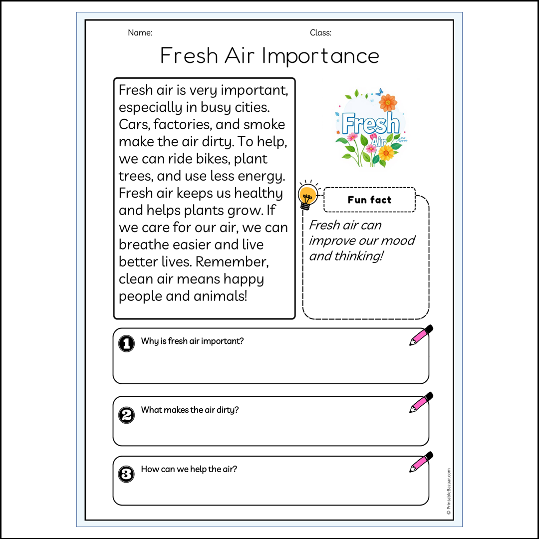 Fresh Air Importance | Reading Passage Comprehension Questions Writing Facts Worksheet