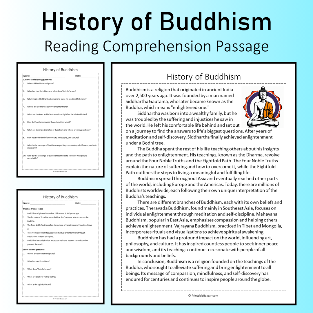 History of Buddhism | Reading Comprehension Passage Printable Worksheet