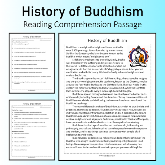 History of Buddhism | Reading Comprehension Passage Printable Worksheet