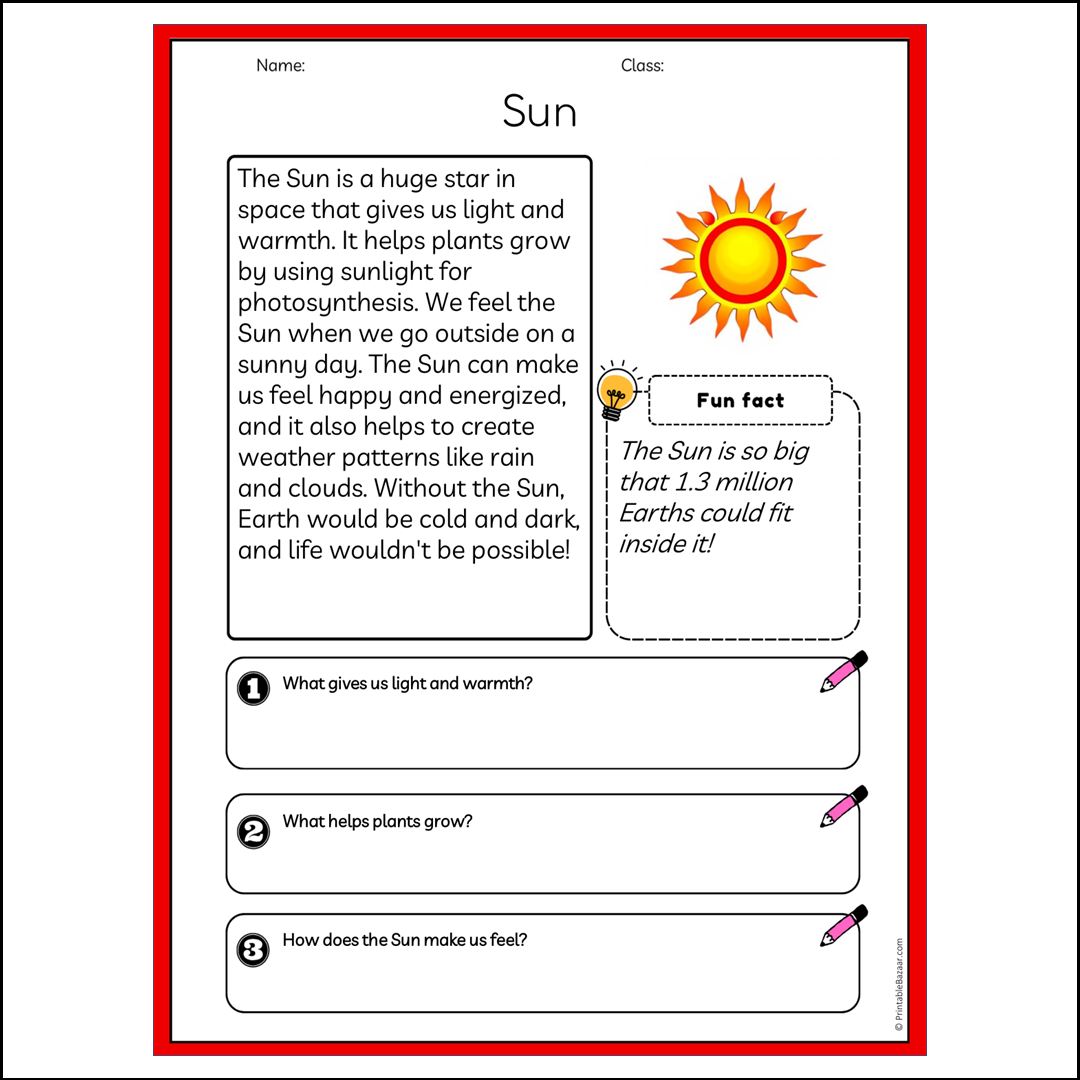 Sun | Reading Passage Comprehension Questions Writing Facts Worksheet