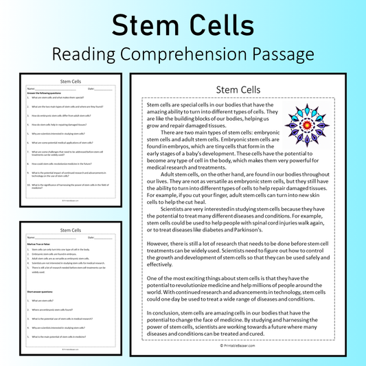 Stem Cells | Reading Comprehension Passage Printable Worksheet