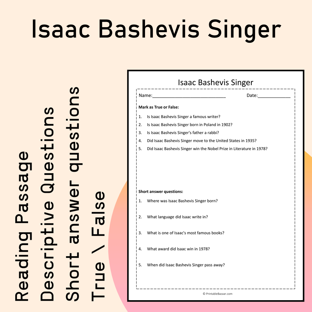 Isaac Bashevis Singer | Reading Comprehension Passage Printable Activity