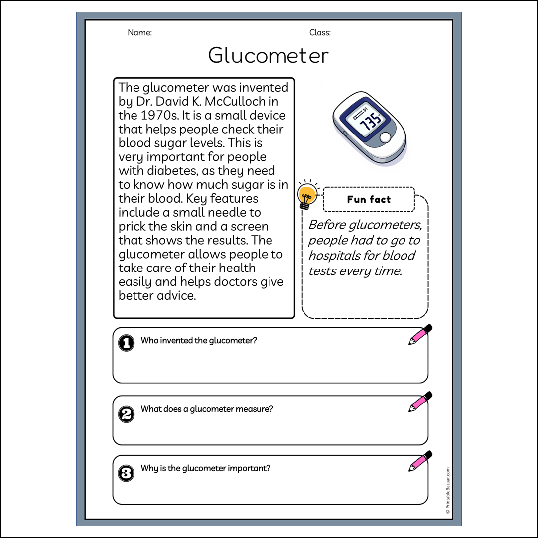 Glucometer | Reading Passage Comprehension Questions Writing Facts Worksheet