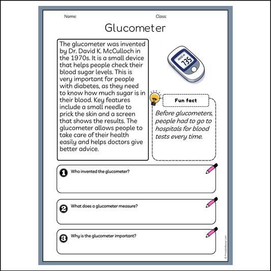 Glucometer | Reading Passage Comprehension Questions Writing Facts Worksheet