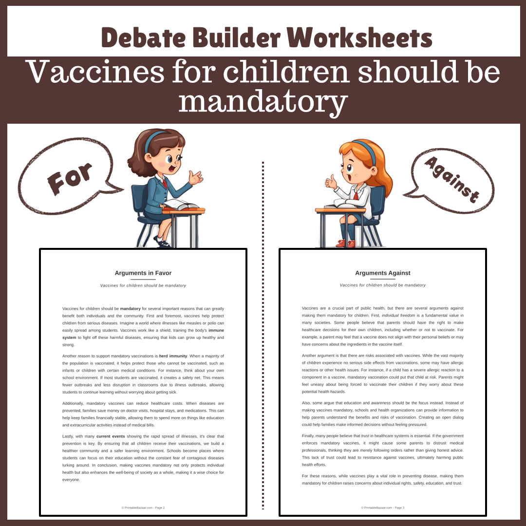 Vaccines for children should be mandatory | Favour and Against Worksheet Printable Activity