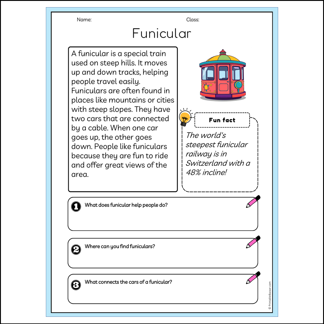 Funicular | Reading Passage Comprehension Questions Writing Facts Worksheet