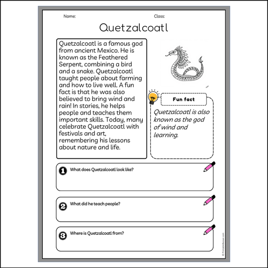 Quetzalcoatl | Reading Passage Comprehension Questions Writing Facts Worksheet