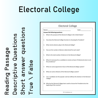 Electoral College | Reading Comprehension Passage Printable Worksheet